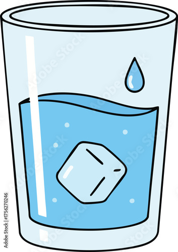 A clear glass filled with refreshing blue liquid and a single ice cube, with a droplet falling into it