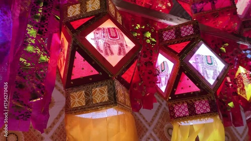 Colorful traditional Lanterns in Various Shapes Akash kandil (Diwali decorative lamps) Hang out side shop for sale celebrating Diwali Festival. stock photo