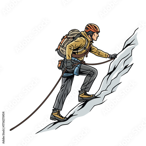 Climber scaling a rocky mountain face wearing protective gear and backpack, engaged in an outdoor adventure