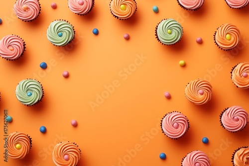 Colorful Cupcakes with Swirled Frosting on Vibrant Orange Background with Copy Space.