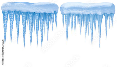 Two realistic, detailed clusters of blue and white icicles hanging from a dark, transparent background