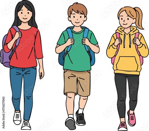Three diverse students walking with backpacks, ready for school and adventure