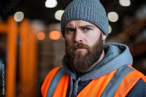 Warehouse Worker in Safety Vest and Winter Hat.
