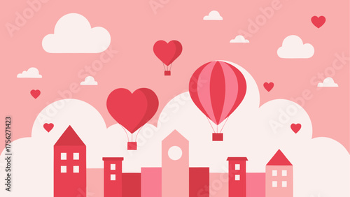 Valentine cityscape with heart balloons up on transparent background silhouette