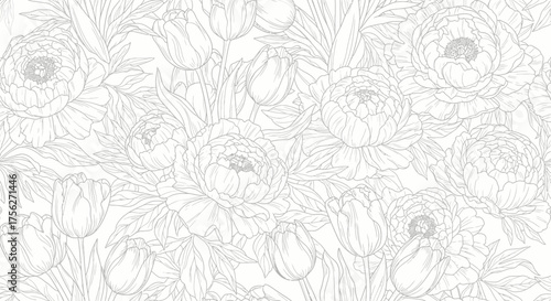 Elegant botanical line art pattern concept showcasing delicate seamless flower illustrations, perfect for sophisticated backgrounds, fabric designs, and charming decorative paper