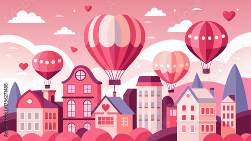 Hot air balloons over a pink cityscape art on transparent background silhouette