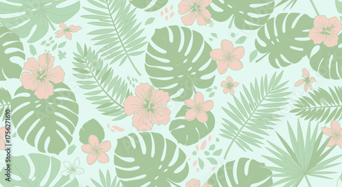 Tropical botanical pattern with pastel pink flowers and green monstera leaves on a light mint background