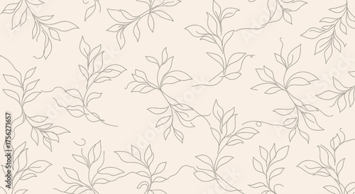Delicate continuous line botanical seamless pattern featuring elegant branches with subtle leaves on a soft beige background, perfect for contemporary designs and organic textile prints