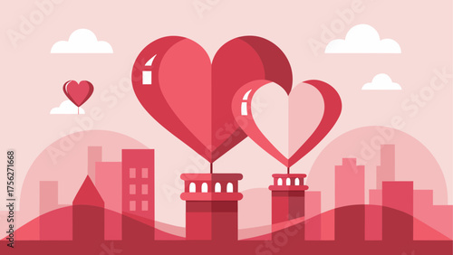Heart balloons flying over the cityscape on transparent background silhouette