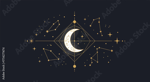 Celestial moon and constellations design with geometric shapes and starry night sky