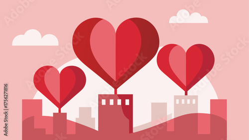 Hearts floating above the cityscape view on transparent background silhouette