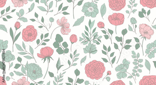 Delicate seamless floral pattern concept with pink flowers and green leaves. Perfect for spring and summer designs, elegant backgrounds, textiles, and decorative projects