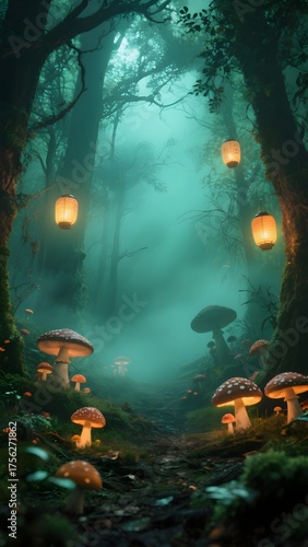 A mystical Halloween forest scene with glowing mushrooms, lanterns and eerie green mist