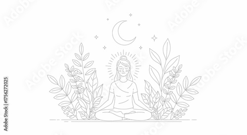 Line Art Illustration of a Serene Woman Meditating in Lotus Pose, Enveloped by Botanical Elements, with Celestial Moon and Stars Symbolizing Inner Peace and Tranquility