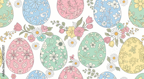 Elegant hand-drawn Easter seamless pattern featuring ornate floral eggs and spring blossoms. A festive holiday vector background