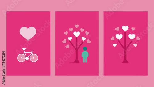 Three panels with hearts and a bicycle on transparent background silhouette