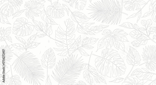 Elegant Botanical Line Art A Serene White Monochrome Wallpaper with Tropical Leaves and Foliage