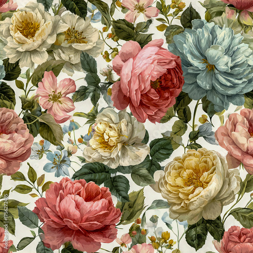 A vintage-inspired seamless pattern featuring soft pastel roses, peonies