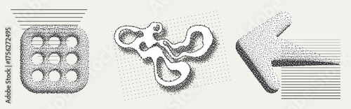 Universal Trendy Geometric Shapes Set With Vector Bitmap Dithering Texture.