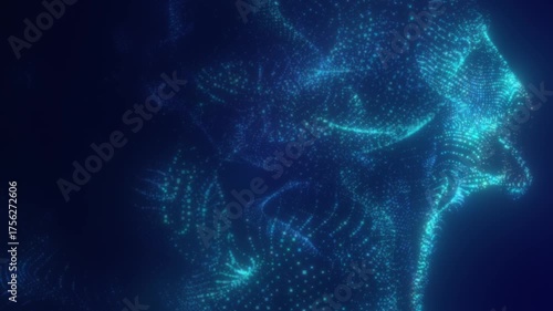 Flowing digital wave of blue and teal particles on a dark background