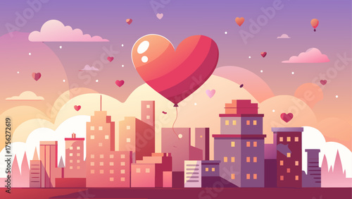 Heart balloon over city skyline at sunset on transparent background silhouette