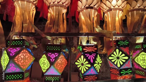 Colorful traditional Lanterns in Various Shapes Akash kandil (Diwali decorative lamps) Hang out side shop for sale celebrating Diwali Festival. stock photo