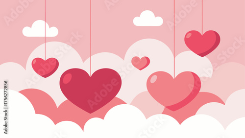 Hanging hearts and clouds in pink shades on transparent background silhouette