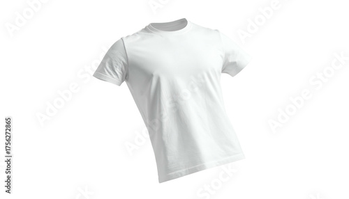 Isolated plain white short-sleeved t-shirt angled against a black background