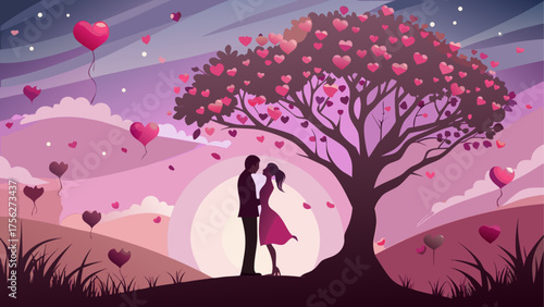 Couple silhouette under a heart tree love on transparent background