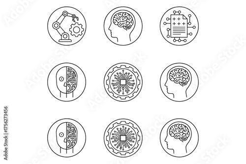 Technology Line Art Icons,
 Minimalist Black and White Technology and Innovation Symbols