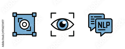 Artificial Intelligence Icons Set – Computer Vision, Eye Recognition, NLP Chat Vector Illustration