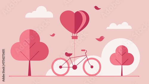Bicycle and heart balloon in pink scenery on transparent background silhouette