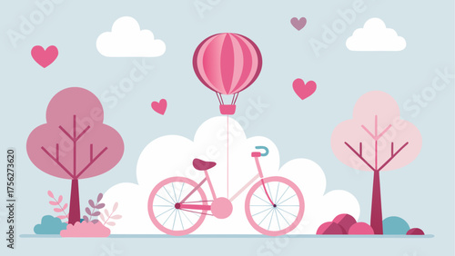 Pink bicycle with balloon in dreamy scene on transparent background silhouette
