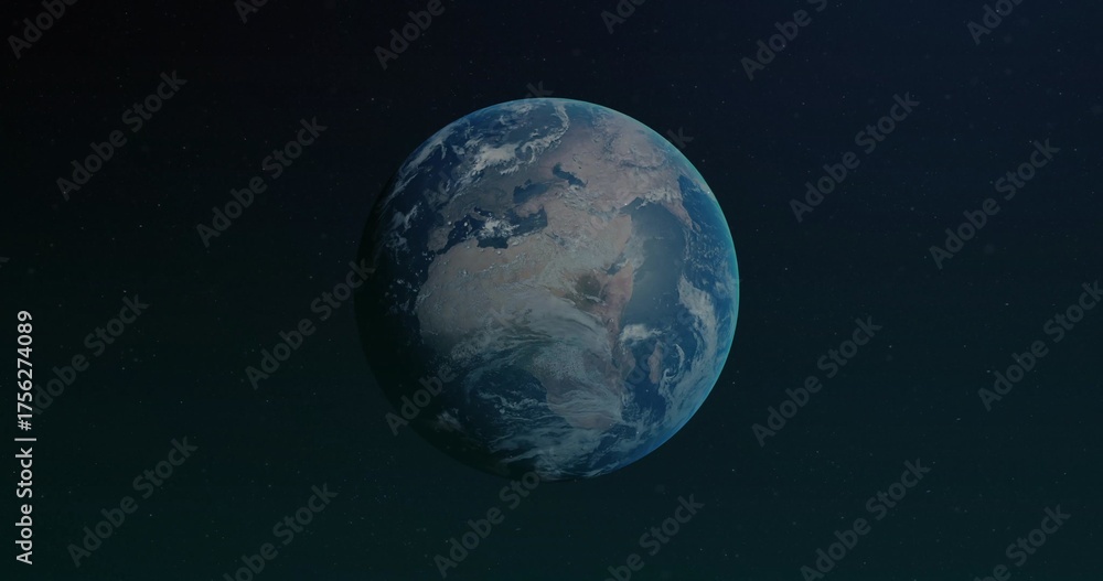 Fototapeta premium Floating spherical planet resembling Earth against outer space backdrop, with star speckles