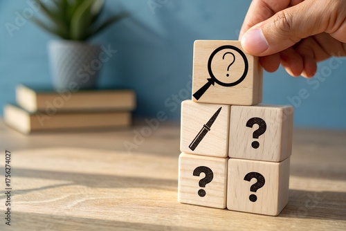 Hand placing magnifying glass block on question mark blocks symbolizing problem solving