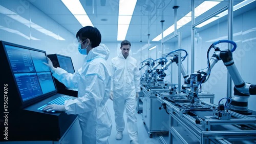 Technicians in protective gear manage automated production lines with robotic arms in a high-tech cleanroom.