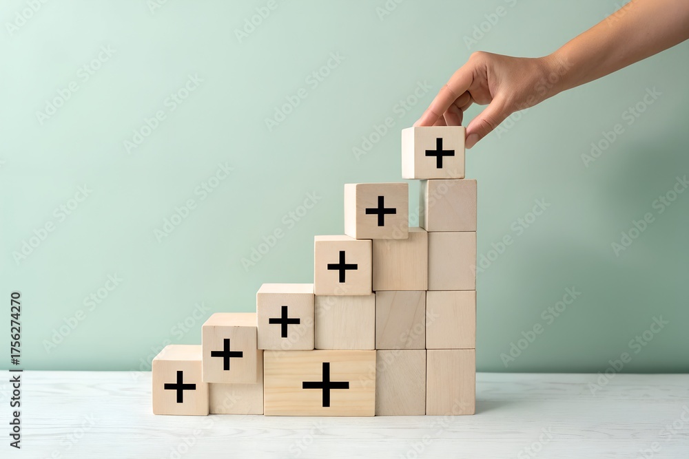 Obraz premium Hand adding a plus sign block to a growing staircase of wooden blocks