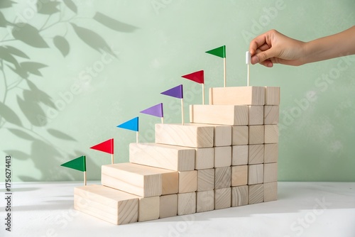 Hand placing colorful flags on wooden blocks forming a staircase