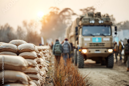Humanitarian truck delivering sacks of food aid during relief operation in rural area at sunrise symbolizing global support and hope