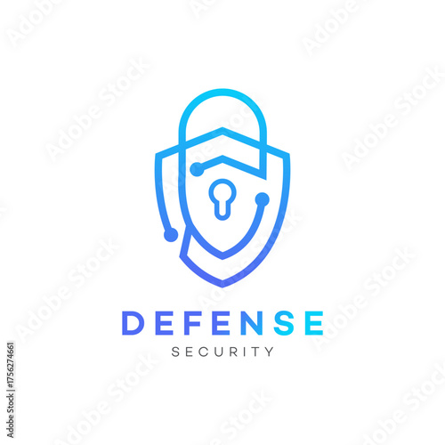 A sleek bluetoaqua gradient line art logo features a shield and padlock icon with an internal keyhole and network dots, representing digital defense and robust security services.