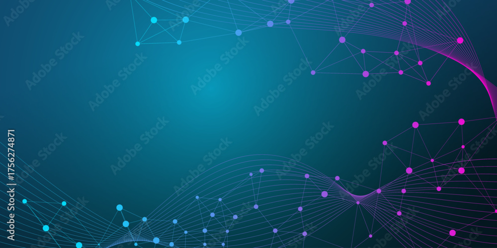 Fototapeta premium Abstract background with a network of connected dots and lines, creating a visual representation of global communication, data transfer, and technological innovation in a vibrant gradient.