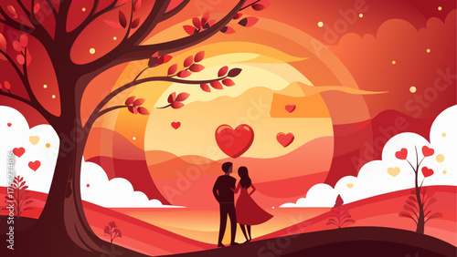 Couple silhouette with hearts and sunset on transparent background