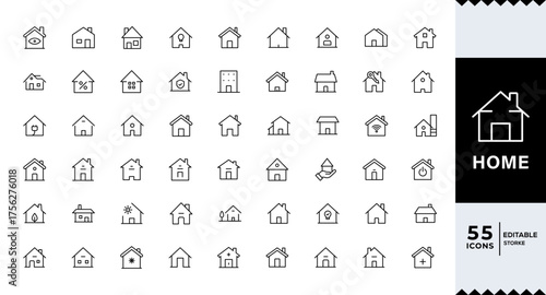 Pixel Perfect, Set of homes and house thin line icons. Contains icons as area, hand holding key, smart home, contact and support, apartments