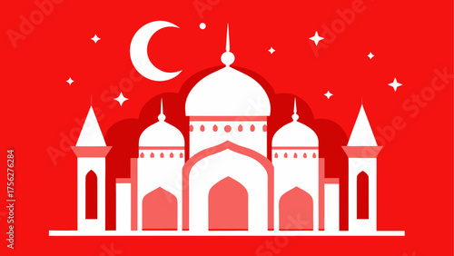 White mosque with moon and stars on red sky on transparent background