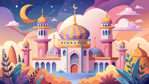Cartoon mosque at night with moon and stars on transparent background