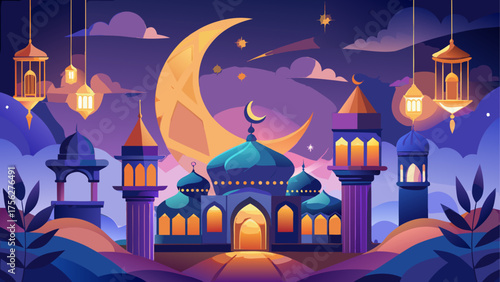 Illustration of a mosque at night with moon on transparent background