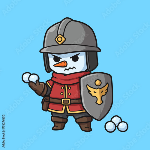 Cute Snowman Warrior with Shield and Snowballs on a Blue Background.
