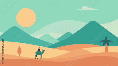 Person riding camel in desert landscape on transparent background
