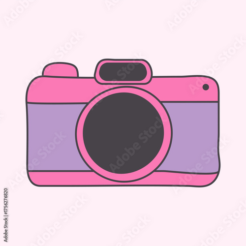 A bright and colorful, cartoon-style icon of a camera. The camera is pink and purple, featuring a playful design that represents travel, photography, and perhaps environmental documentation.