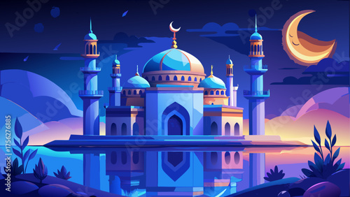 Beautiful mosque at night with crescent moon on transparent background